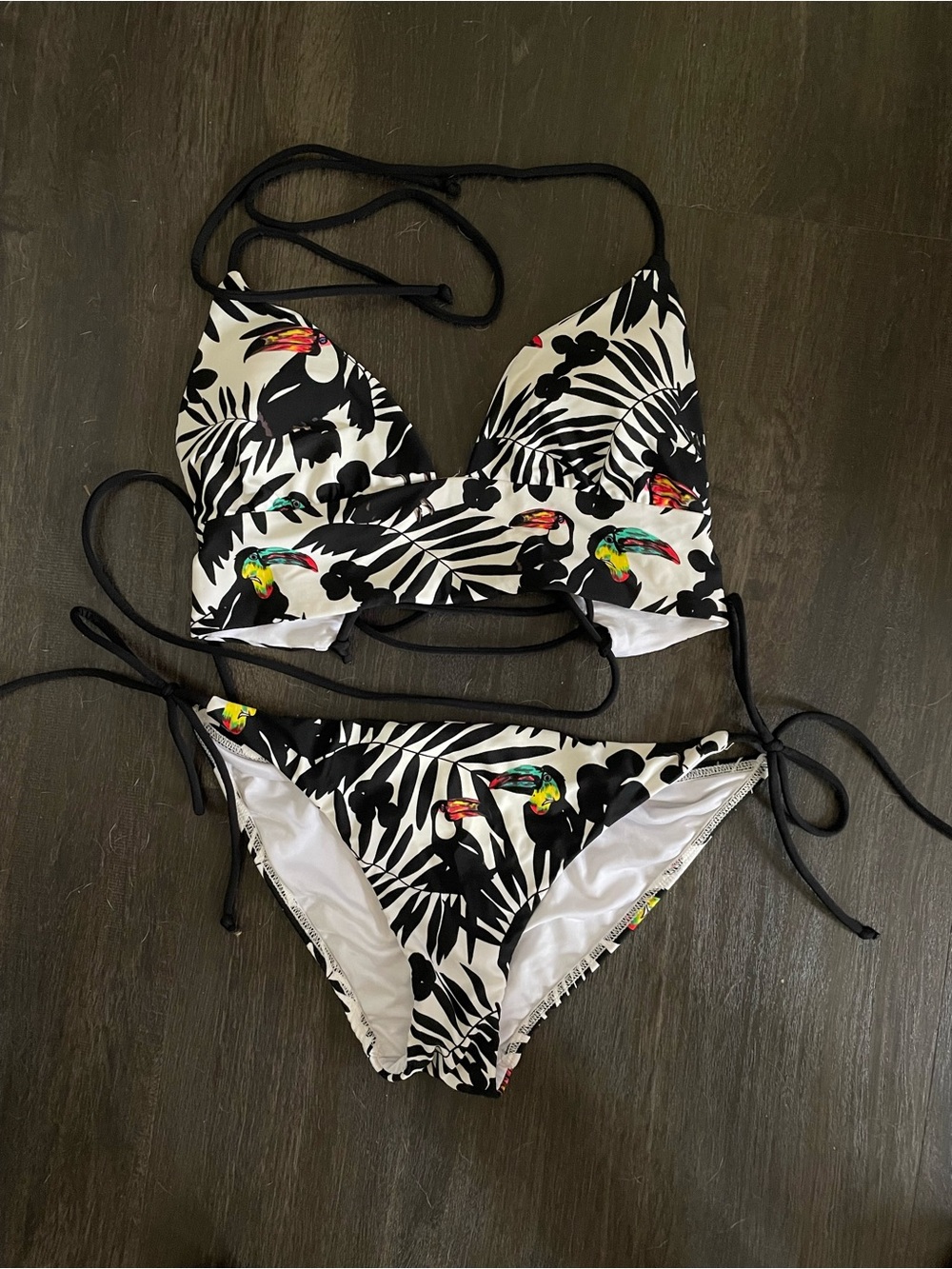 Anthropologie Black and White Tropical Toucan Print Bikini S